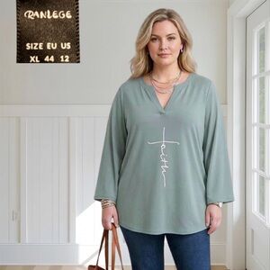 RANLEGE Women's Blue Faith Cross Graphic V-Neck Top Size XL Thin Lightweight